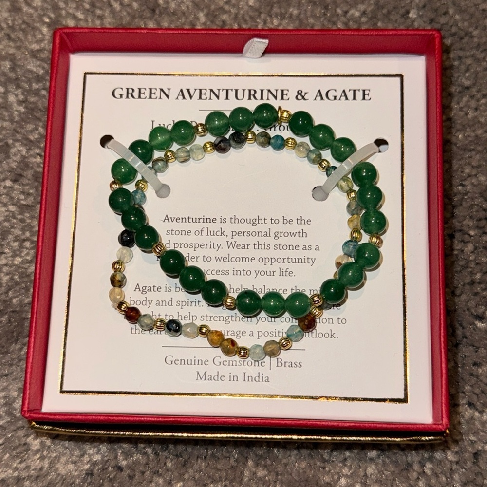 Shivam Green Aventurine & Agate Genuine Gemstone Brass Beaded Bracelet
